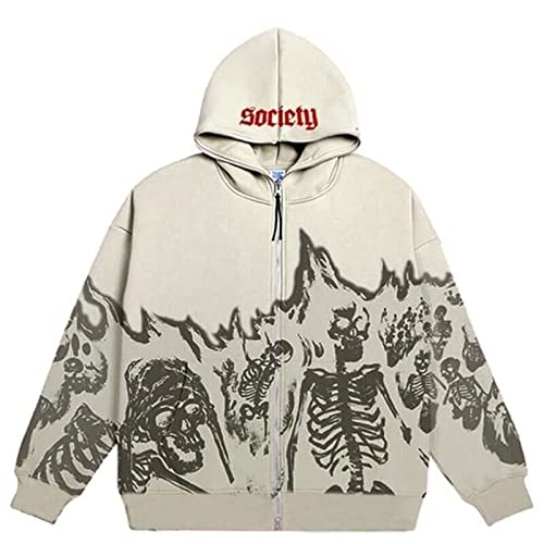 Damen Herren Y2K Kapuzenpullover Zip Up Pullover Hoodie Hip Hop Sweatshirt Skelett Jacke Oversized Hoodie Goth Druck mit Reißverschluss Vintage Harajuku Paare Unisex Kapuzenjacke ( Color : A-White , S von GOZYLA