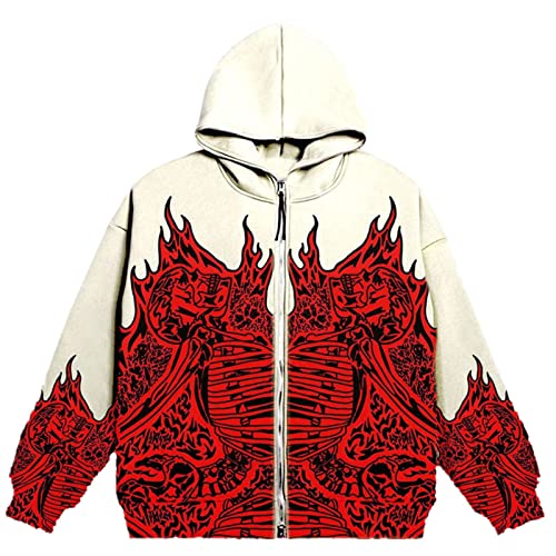 Damen Herren Y2K Kapuzenpullover Zip Up Pullover Hoodie Hip Hop Sweatshirt Skelett Jacke Oversized Hoodie Goth Druck mit Reißverschluss Vintage Harajuku Paare Unisex Kapuzenjacke ( Color : B-Red , Siz von GOZYLA