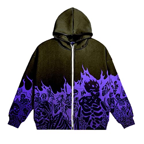 Damen Herren Y2K Kapuzenpullover Zip Up Pullover Hoodie Hip Hop Sweatshirt Skelett Jacke Oversized Hoodie Goth Druck mit Reißverschluss Vintage Harajuku Paare Unisex Kapuzenjacke ( Color : C-Purple Bl von GOZYLA