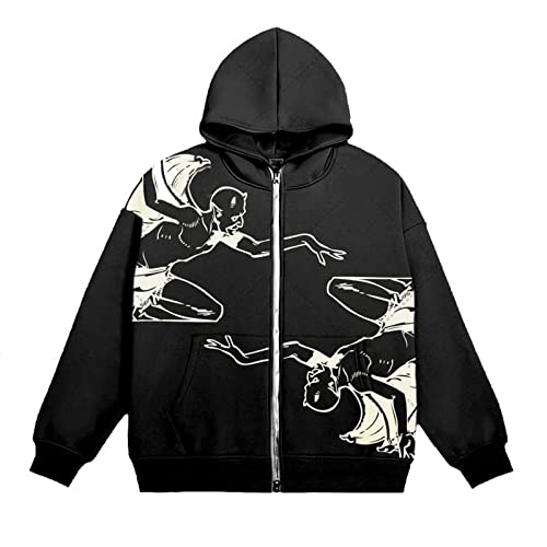 Damen Herren Y2K Kapuzenpullover Zip Up Pullover Hoodie Hip Hop Sweatshirt Skelett Jacke Oversized Hoodie Goth Druck mit Reißverschluss Vintage Harajuku Paare Unisex Kapuzenjacke ( Color : D-Black , S von GOZYLA