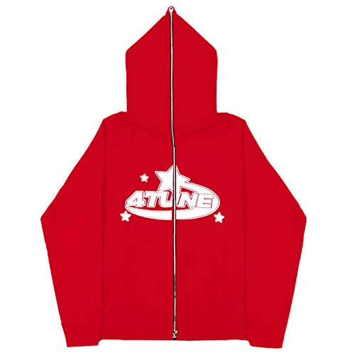 Damen Männer Kapuzenpullover Langarm Oversized Lose Reißverschluss Hoodie Sweatshirt Kapuzenjacke Zip Up Sterndruck Jacke Pullover Oberteile mit Taschen Sweatjacke mit Reißverschluss ( Color : A-Red , von GOZYLA