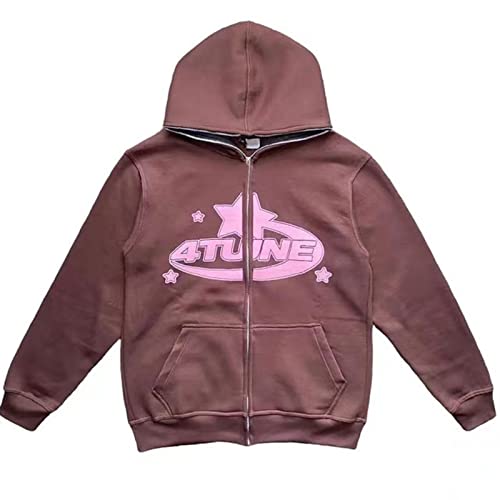 Damen Männer Kapuzenpullover Langarm Oversized Lose Reißverschluss Hoodie Sweatshirt Kapuzenjacke Zip Up Sterndruck Jacke Pullover Oberteile mit Taschen Sweatjacke mit Reißverschluss ( Color : A-Brown von GOZYLA