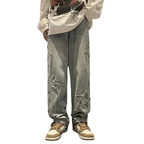 GOZYLA Baggy Jeans for Herren Y2K Vintage Bedruckte Jeanshose Hip Hop Streetwear Hose Skateboard Jeans mit geradem Bein (Color : Light Blue, Size : L) von GOZYLA