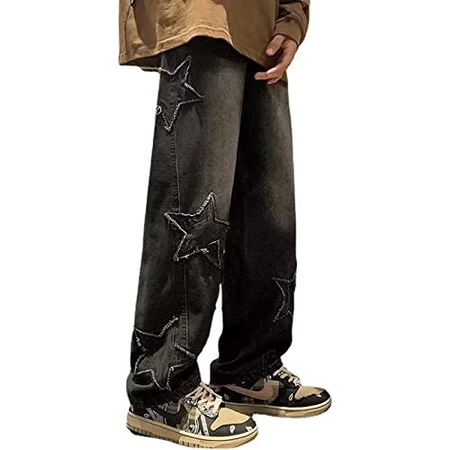 GOZYLA Baggy Jeans for Herren Y2K Vintage Bedruckte Jeanshose Hip Hop Streetwear Hose Skateboard Jeans mit geradem Bein (Color : Schwarz, Size : L) von GOZYLA