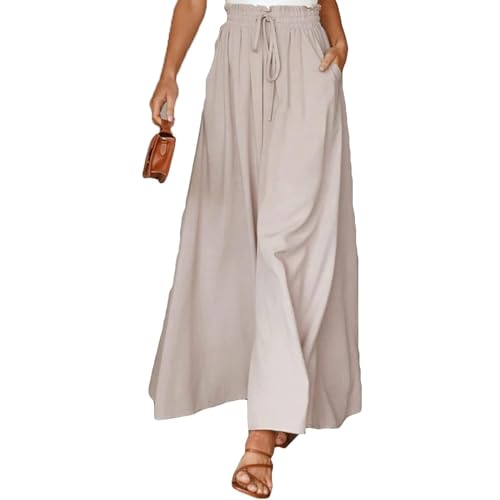 Damen Culotte Weite Hose Sommerhose Schlaghose mit Weitem Bein Lose Plissierte Hose Elastische Taillenhose Lässige Hose Damenhose Faltenhose ( Color : Apricot , Size : L ) von GOZYLA