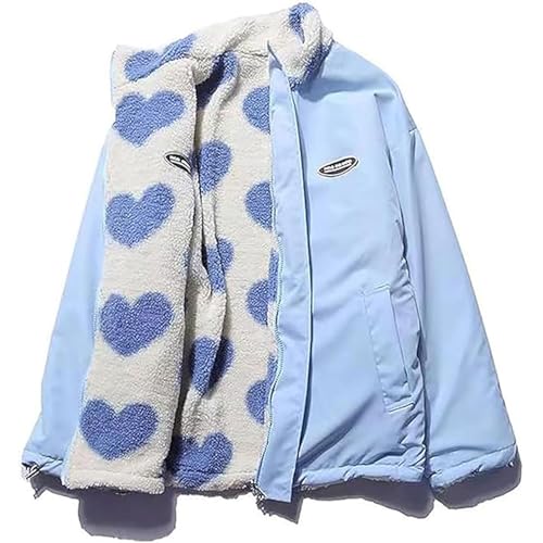 GOZYLA Damen Fleece Reißverschlussjacken Wendbar Kawaii Herz Druck Reißverschlussmäntel Ästhetische Y2K Kleidung Tops E-Girl Baggy Sweatshirt (Color : Blue, Size : XXL) von GOZYLA