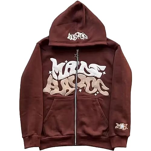 GOZYLA Damen Herren Y2K Jacke Zip Up Hoodie Teenager Shirt Pullover Goth Brief Graphics Harajuku Oversized Sweatshirt Vintage Langarm Hoodies Personalisiertes Sweatshirt (Color : Brown, Size : S) von GOZYLA