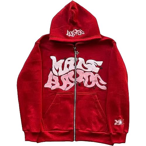 GOZYLA Damen Herren Y2K Jacke Zip Up Hoodies Goth Brief Graphics Harajuku Oversized Sweatshirt Vintage Kapuzenjacke Sweatjacke Mit Kapuze 90er E-Girl Top (Color : Red, Size : XXL) von GOZYLA