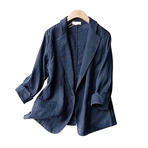 GOZYLA Damen Leinen Blazer, Lässige Sommer Strickjacke mit Midi-Ärmeln Einem Knopf Leicht Trendiges Arbeitsoberteil (Color : Navy Blue, Size : L) von GOZYLA