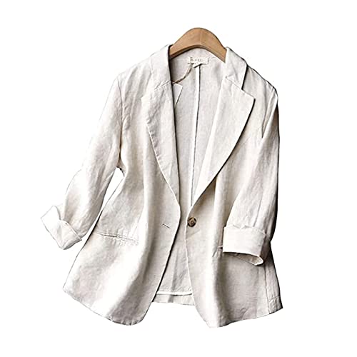 GOZYLA Damen Leinen Blazer, Lässige Sommer Strickjacke mit Midi-Ärmeln Einem Knopf Leicht Trendiges Arbeitsoberteil (Color : Off-White, Size : M) von GOZYLA