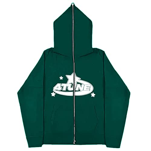 GOZYLA Damen Männer 4TUNE Sterndruck Reißverschluss Hoodie Sweatshirt Langarm Y2K E-Girl Pullover Oversize Vintage Kapuzenpullover Harajuku Streetwear Hoodie (Color : A-Green, Size : M) von GOZYLA