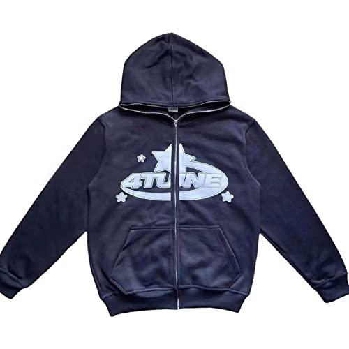 GOZYLA Damen Männer 4TUNE Sterndruck Reißverschluss Hoodie Sweatshirt Langarm Y2K E-Girl Pullover Oversize Vintage Kapuzenpullover Harajuku Streetwear Hoodie (Color : A-Navy Blue, Size : 4XL) von GOZYLA