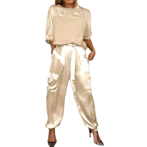 GOZYLA Damen Set Aus Glattem Satin Oberteil und Hose mit Halben Ärmeln, Lässiges Sommer T Shirt Aus Satin für Damen Zweiteiliges Outfit Jogger Lounge Set (Color : Apricot, Size : 4XL) von GOZYLA