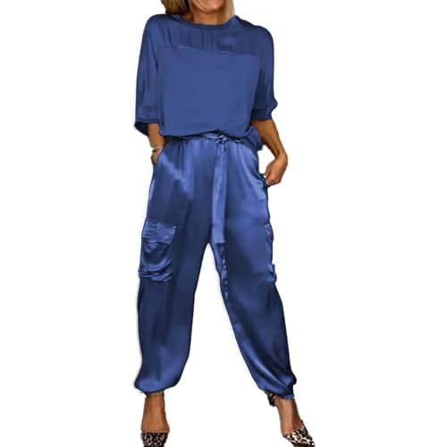 GOZYLA Damen Set Aus Glattem Satin Oberteil und Hose mit Halben Ärmeln, Lässiges Sommer T Shirt Aus Satin für Damen Zweiteiliges Outfit Jogger Lounge Set (Color : Blue, Size : XXL) von GOZYLA