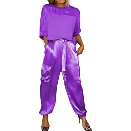 GOZYLA Damen Set Aus Glattem Satin Oberteil und Hose mit Halben Ärmeln, Lässiges Sommer T Shirt Aus Satin für Damen Zweiteiliges Outfit Jogger Lounge Set (Color : Purple, Size : 5XL) von GOZYLA