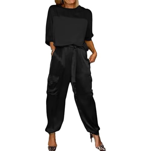 GOZYLA Damen Set Aus Glattem Satin Oberteil und Hose mit Halben Ärmeln, Lässiges Sommer T Shirt Aus Satin für Damen Zweiteiliges Outfit Jogger Lounge Set (Color : Schwarz, Size : L) von GOZYLA