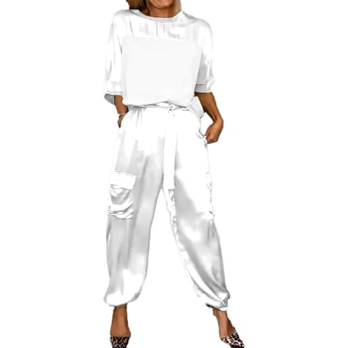 GOZYLA Damen Set Aus Glattem Satin Oberteil und Hose mit Halben Ärmeln, Lässiges Sommer T Shirt Aus Satin für Damen Zweiteiliges Outfit Jogger Lounge Set (Color : White, Size : 5XL) von GOZYLA