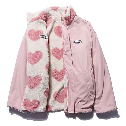 GOZYLA Damen Winter Langarm Kawaii Herz Aufdruck Reißverschluss E-Girl Baggy Wendejacke Mantel Taschen Warme Fleece Oberteile (Color : Pink, Size : L) von GOZYLA