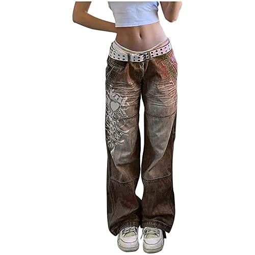 GOZYLA Damen Y2K Jeans mit niedriger Taille Gothic Baggy Denim Schlaghose Breites gerades Bein Lose Lässige Gothic-Hose Streetwear (Color : Brown, Size : S) von GOZYLA