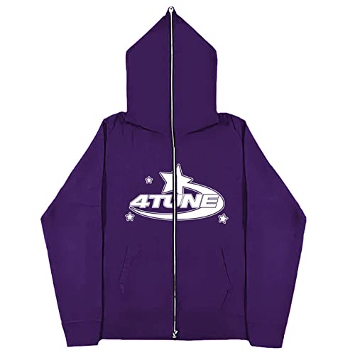 GOZYLA Frauen Männer Sterndruck mit Kapuze Sweatshirt Lose Lange Ärmel Hoody Pullover mit Kapuze Sweatshirt Reißverschluss Hoodie (Color : A-Purple, Size : XL) von GOZYLA