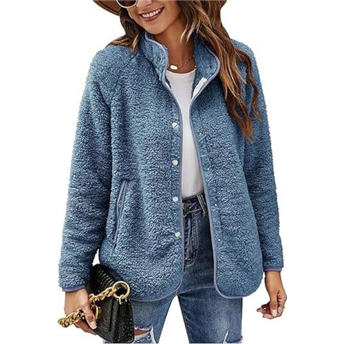 GOZYLA Frühling Herbst Winter Damen Fleecejacke für Outdoor Aktivitäten mit Knöpfen und Taschen Hoher Kragen Teddy Fleece Winddichter Frühlingsmantel (Color : Blue, Size : XXL) von GOZYLA