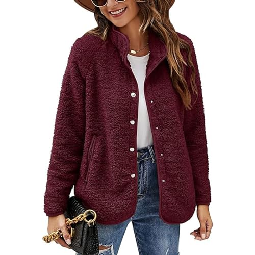 GOZYLA Frühling Herbst Winter Damen Fleecejacke für Outdoor Aktivitäten mit Knöpfen und Taschen Hoher Kragen Teddy Fleece Winddichter Frühlingsmantel (Color : Burgundy, Size : XXL) von GOZYLA