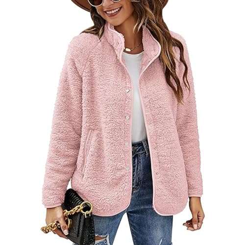 GOZYLA Frühling Herbst Winter Damen Fleecejacke für Outdoor Aktivitäten mit Knöpfen und Taschen Hoher Kragen Teddy Fleece Winddichter Frühlingsmantel (Color : Pink, Size : L) von GOZYLA