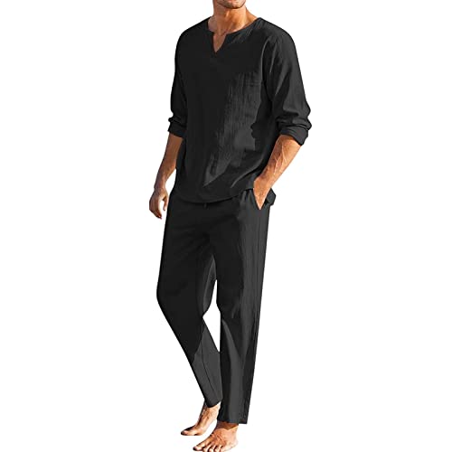GOZYLA Herren 2 Stück Baumwolle Leinen Set Button Down Hemd Langarm Casual Strand Hose Sommer Yoga Outfits (Color : Schwarz, Size : XXL) von GOZYLA