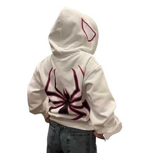 GOZYLA Herren Kapuzenpullover, Hip Hop Y2K Spider Web Pattern Print Unisex Zip Up Jacke Harajuku Mantel (Color : A-White, Size : 3XL) von GOZYLA