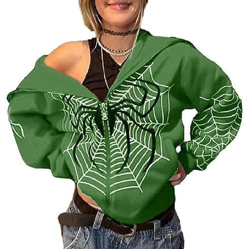 GOZYLA Herren Kapuzenpullover, Hip Hop Y2K Spider Web Pattern Print Unisex Zip Up Jacke Harajuku Mantel (Color : B-Green, Size : M) von GOZYLA