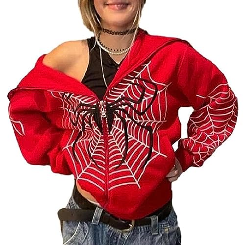 GOZYLA Herren Kapuzenpullover, Hip Hop Y2K Spider Web Pattern Print Unisex Zip Up Jacke Harajuku Mantel (Color : B-Red, Size : M) von GOZYLA