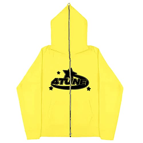 GOZYLA Herren Kapuzenpullover Sternmuster Übergröße Einfarbig Zipper Hoodie Y2k Jacke Straßenmode mit Reißverschluss (Color : A-Yellow, Size : M) von GOZYLA