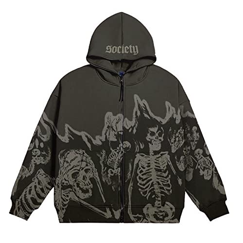 GOZYLA Herren Lange Ärmel Kapuzenpullover Pullover Zip Up Hoodie Hoody Hooded Sweatshirt Vintage Skeleton Flamme Letter Print Clothes Top (Color : A-Dark Gray, Size : 4XL) von GOZYLA