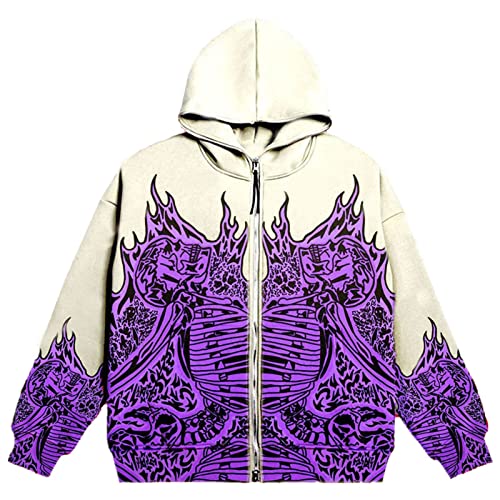 GOZYLA Herren Lange Ärmel Kapuzenpullover Pullover Zip Up Hoodie Hoody Hooded Sweatshirt Vintage Skeleton Flamme Letter Print Clothes Top (Color : B-Purple, Size : 4XL) von GOZYLA