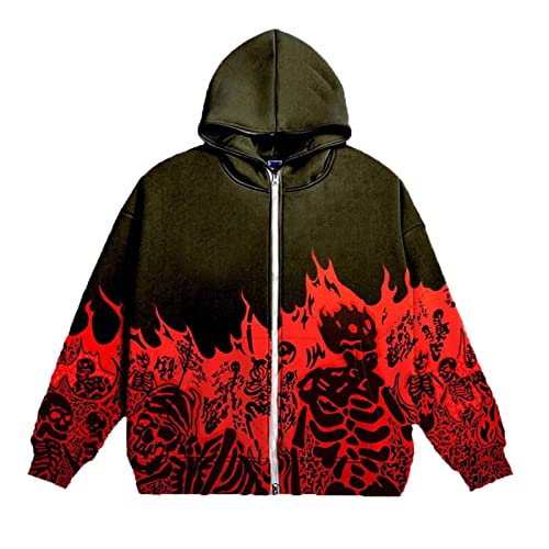 GOZYLA Herren Lange Ärmel Kapuzenpullover Pullover Zip Up Hoodie Hoody Hooded Sweatshirt Vintage Skeleton Flamme Letter Print Clothes Top (Color : C-Reddish Black, Size : L) von GOZYLA