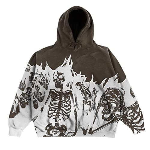 GOZYLA Herren Lange Ärmel Kapuzenpullover Pullover Zip Up Hoodie Hoody Hooded Sweatshirt Vintage Skeleton Flamme Letter Print Clothes Top (Color : E-Dark Brown, Size : 3XL) von GOZYLA