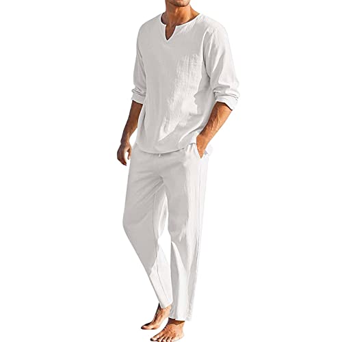 GOZYLA Herren Leinenanzug Sommer Zweiteiler Freizeitanzug Einfarbig 2 Teilig Lange Ärmel Kleiner V-Ausschnitt Hemd Beach Shirt Hose Set Baumwolle Leinen Anzug (Color : White, Size : XXL) von GOZYLA