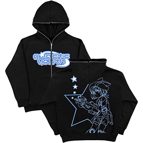 GOZYLA Herren Y2K Jacke Zip Up Hoodies Sterne Motiv Drucken Harajuku für Paare Sweatshirt Vintage Kapuzenjacke Unisex Locker Sweatjacke mit Kapuze 90er E-Girl Top (Color : B-Black, Size : XL) von GOZYLA