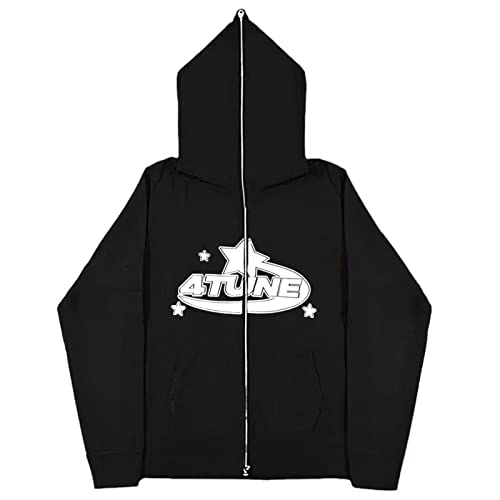 GOZYLA Herren Y2K Jacke Zip Up Hoodies Sterne Motiv Graphics Goth Harajuku für Paare Sweatshirt Vintage Kapuzenjacke Unisex Locker Sweatjacke mit Kapuze 90er E-Girl Top (Color : A-Black, Size : S) von GOZYLA