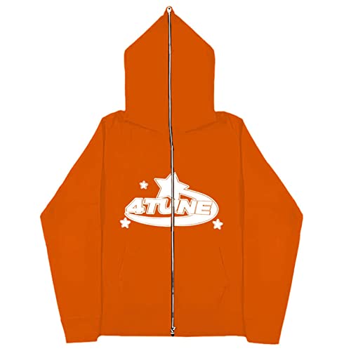 GOZYLA Herren Y2K Jacke Zip Up Hoodies Sterne Motiv Graphics Goth Harajuku für Paare Sweatshirt Vintage Kapuzenjacke Unisex Locker Sweatjacke mit Kapuze 90er E-Girl Top (Color : A-Orange, Size : M) von GOZYLA