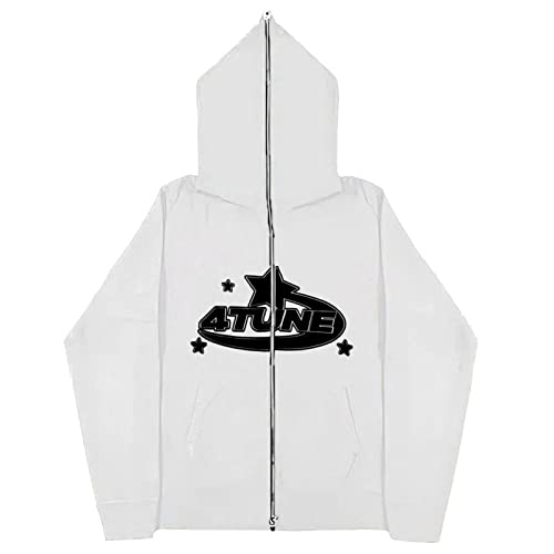 GOZYLA Herren Y2K Jacke Zip Up Hoodies Sterne Motiv Graphics Goth Harajuku für Paare Sweatshirt Vintage Kapuzenjacke Unisex Locker Sweatjacke mit Kapuze 90er E-Girl Top (Color : A-White, Size : M) von GOZYLA