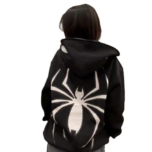 GOZYLA Herren Zip Up Vintage Hoodie Y2K Oversize Spider Print Pullover Unisex Streetwear (Color : A-Black, Size : S) von GOZYLA