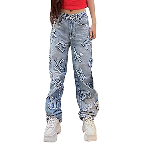 GOZYLA Jeans Damen Jeans mit hoher Taille Skinny Slim Fit Stretch Jeans mit weitem Bein Knopf, Damen Jeans Hose Straight Fit Jeanshose (Color : A, Size : S) von GOZYLA