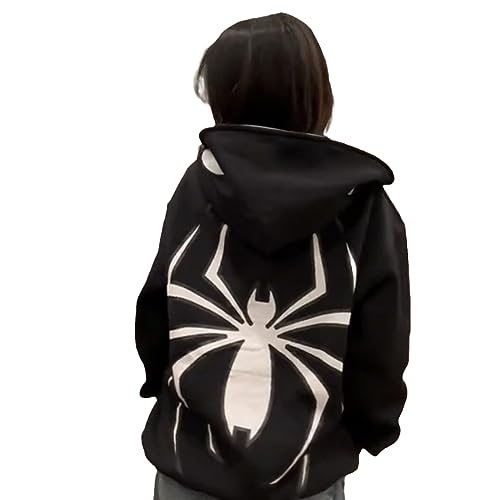 GOZYLA Kapuzenpullover | Y2K Zip Up Hoodie mit Kapuze | Normale Passform Spider Print für Sport, Freizeit und Beruf Streetwear (Color : Schwarz, Size : XXL) von GOZYLA