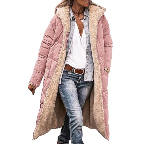 GOZYLA Parka Damen Winter, Winterjacken mit Lammwolle Gefüttert, Übergangsmantel Dicke Warme Kleidung Trendige Mittellange Jacken mit Kapuze Oberbekleidung (Color : Pink, Size : L) von GOZYLA