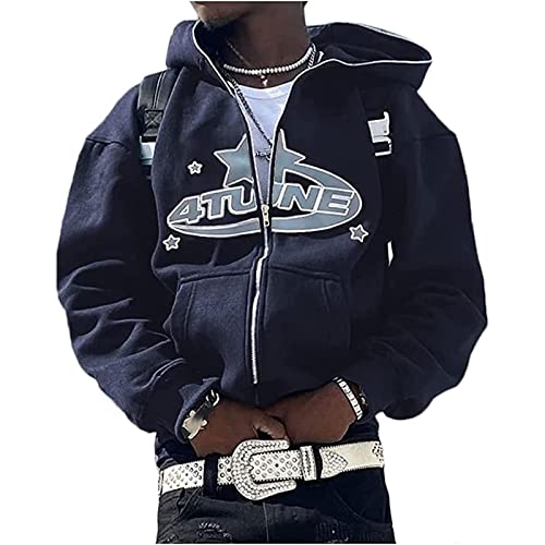 GOZYLA Unisex Y2k Full Zip Hoodie Damen Herren Print Sweatshirt Gothic Übergroße Jacke Kapuzen Sweatshirt Jacke Streetwear (Color : Blue, Size : S) von GOZYLA