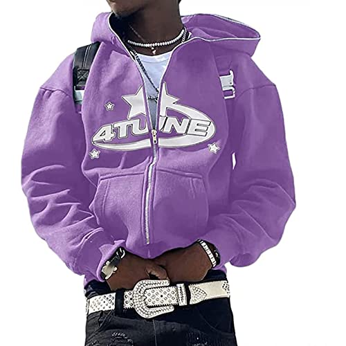 GOZYLA Unisex Y2k Full Zip Hoodie Damen Herren Print Sweatshirt Gothic Übergroße Jacke Kapuzen Sweatshirt Jacke Streetwear (Color : Purple, Size : L) von GOZYLA