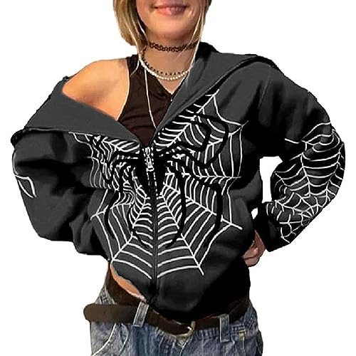 GOZYLA Y2k Zip Up Hoodie Herren Spider Print Clothes Zipper Kapuzenpullover Hip Hop Streetwear Pullover Unisex Casual Jacke (Color : B-Black, Size : 3XL) von GOZYLA