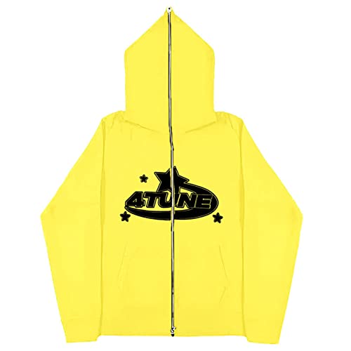 GOZYLA Zip Hoodie Herren Y2k Crop Top 90er Jahre Vintage Zip Up Hoodies College Jacke Mädchen Oversized Sweatshirt Stern Casual Jacke mit Taschen Punk (Color : A-Yellow, Size : L) von GOZYLA