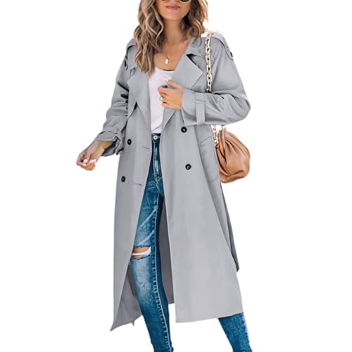 GOZYLA Zweireihiger Duster Trenchcoat für Damen Schmaler Maxi Langmantel in Voller Länge Geeignet für Frühlings und Herbstkleidung (Color : Light gray, Size : L) von GOZYLA